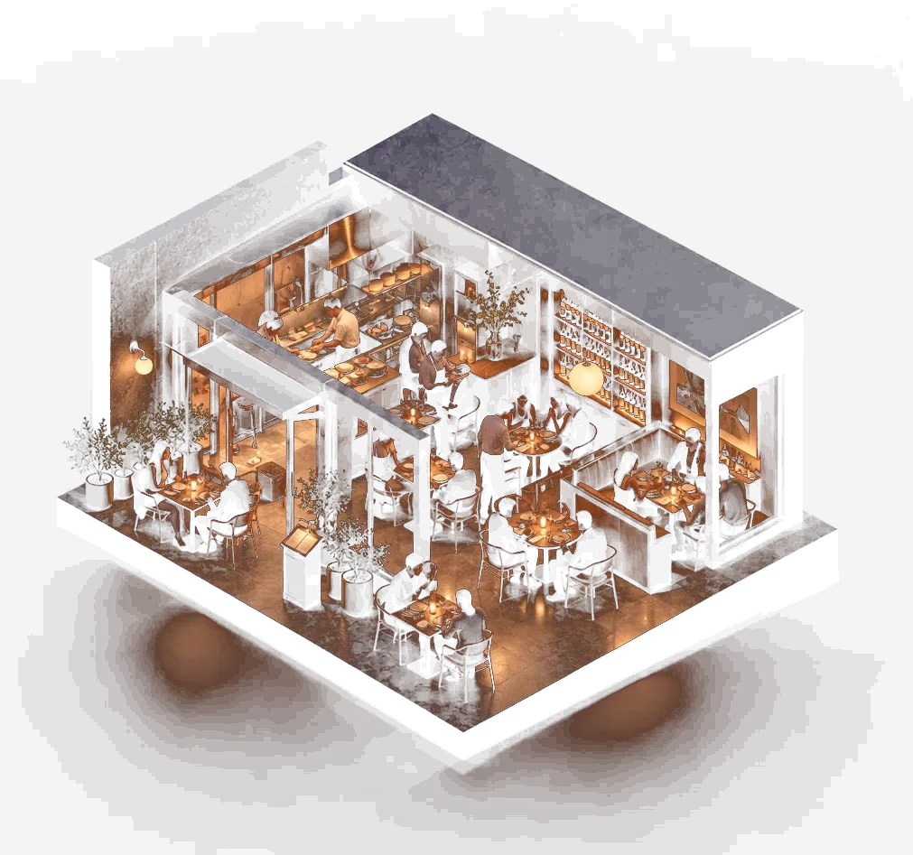 Cutaway of a restaurant at service, with a dining room, open kitchen, wine wall and terrace tables